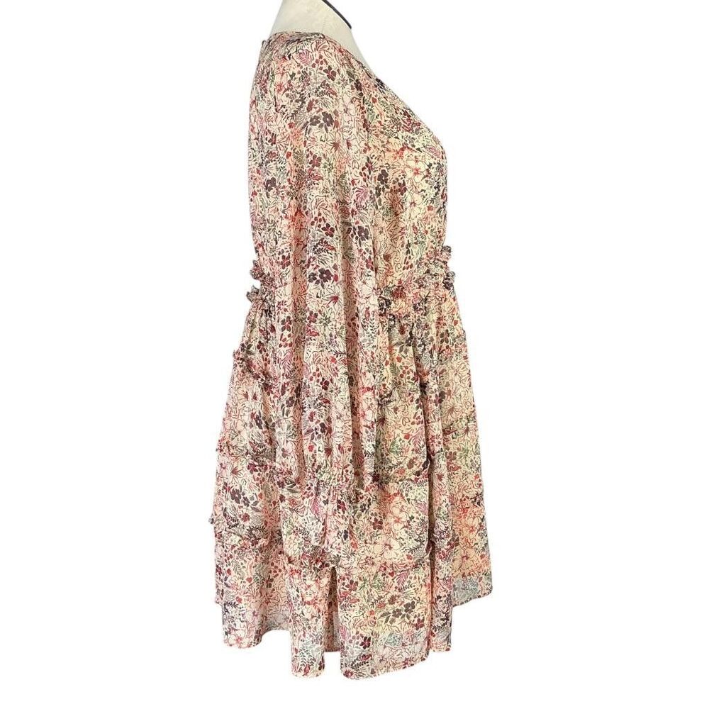 Torrid Mini Dress Women 2X Beige Floral Lurex Chiffon Tiered V Neck Puff Sleeve - Picture 5 of 11
